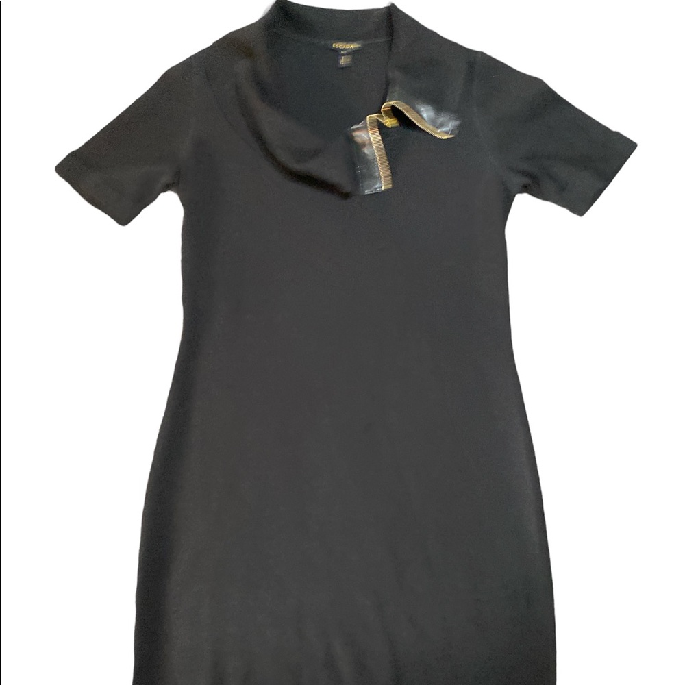 ESCADA Women’s Black Short Sleeve Dress Large with Leather-Like Cowl Neck Collar
